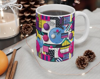 Retro-Kaffeebecher im Memphis-Stil der 80er Jahre, Synthwave-Design, geometrische Keramiktasse, Vintage-Geschenkbecher aus den 90ern für Sie und Ihn