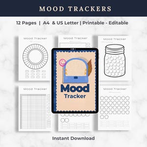 Op de afbeelding: Een verzameling afdrukbare mood trackers met verschillende ontwerpen, waaronder een cirkel, een pot en een raster. De afbeelding toont ook een tablet met een mood tracker met de tekst "Mood Tracker". De tekst "MOOD TRACKERS" en "Instant Download" zijn ook zichtbaar.