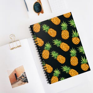 Tropical Pineapple Spiral Notebook Dark Background Fruit Pattern Journal Fun Summer Ruled Notebook Gift for Her