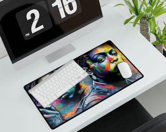 Schreibtischunterlage mit Graffiti-Frauenporträt, 60 x 35 cm, Neon-Streetart, extragroßes Mauspad, auffälliges Design für urbanen Arbeitsplatz und Gaming, Geschenkidee