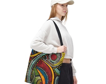 Tragetasche mit Tribal-Punktmuster, farbenfrohe Canvas-Schultertasche (40 x 40 cm), Boho-Geschenk für Sie und Ihn