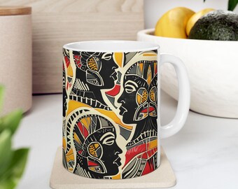 Kaffeetasse mit afrikanischem Motiv, auffälliges grafisches ethnisches Muster, Keramiktasse, Geschenk für Kunstliebhaber
