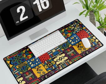 Schreibtischunterlage mit tribal-geometrischem Patchwork-Muster, farbenfrohes afrikanisches Muster, verlängertes Mauspad, Boho-Bürogeschenk