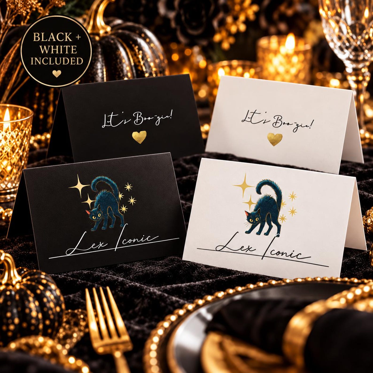 A Black Cat on a Folded Card Black and white folded place cards with cat illustrations and script names.