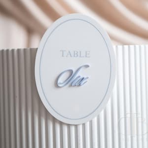 May include: An oval white table number card with a pale blue border. The word 'TABLE' is printed at the top, with the number 'Six' in a cursive, pale blue font. The card is set against a textured white background.