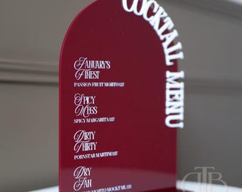Burgundy Arch Bar Sign | Elegant Wedding Cocktail Menu | Acrylic Reception Decor