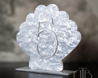 Pearl Acrylic Shell Table Numbers | Coastal Wedding Signage, Elegant Beach Reception Decor