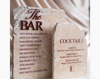 Travertine Bar Menu Sign | Natural Stone Wedding Signage, Elegant Decor