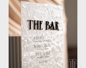 Pearl Acrylic Bar Sign | Personalised Wedding Cocktail Menu | Modern Reception Decor