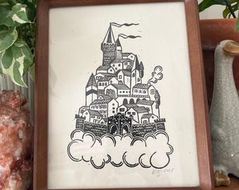 Original "Floating Castle" Linocut Print, 8x10