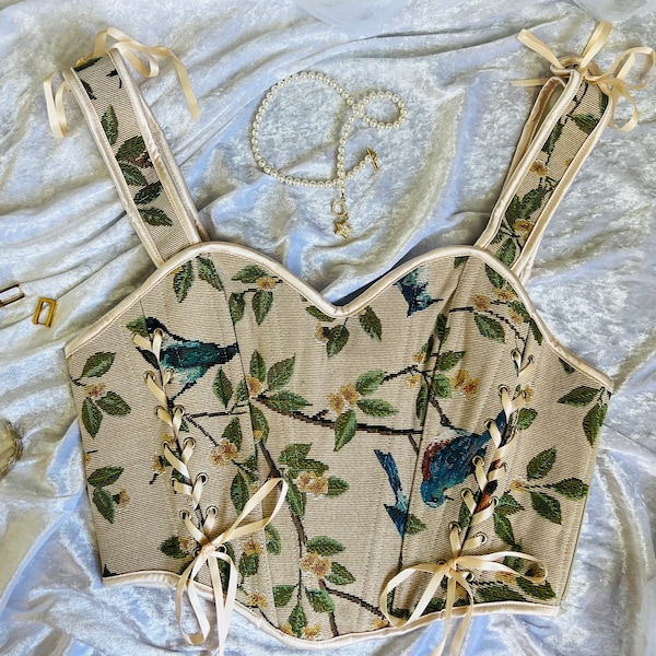 Top corsetto vintage da donna con motivo uccelli