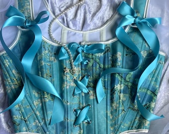 Blue Corset Top for women floral Japanese style print Corset