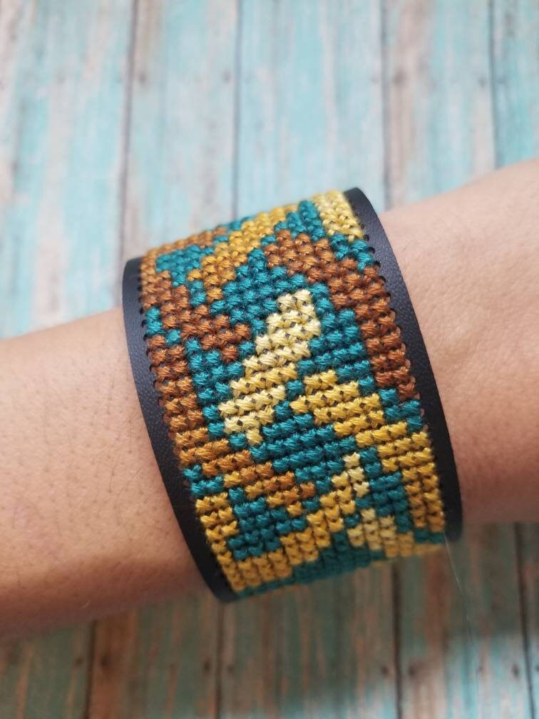 Cross stitch bracelet cuff bracelet black vegan faux Etsy
