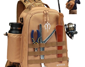 Rivock Fishing Backpack- 3-Way Wear Fishing Tackle Bag with Rod Holder- Fold-Out Tray - Backpack for Fishing, Hiking, Hunting, Camping