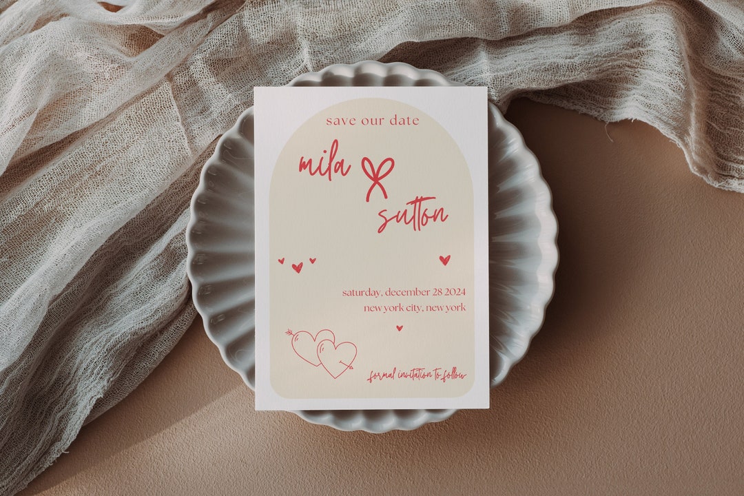 Quirky Printable Red Bow Save the Date Template, Editable Etsy