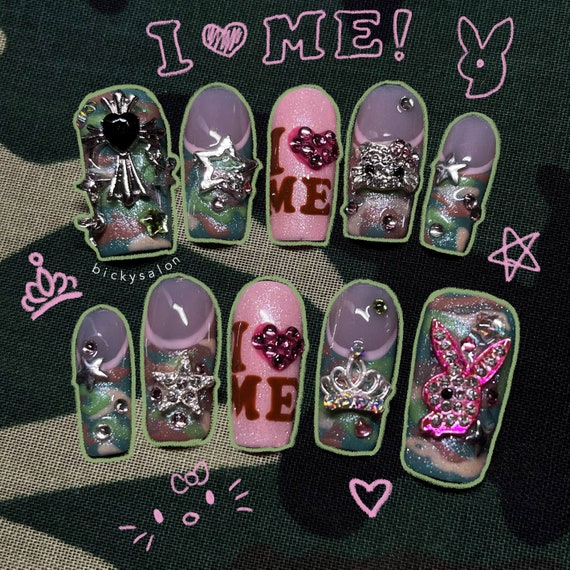 camo midwest princess mcbling trashy y2k press on nails