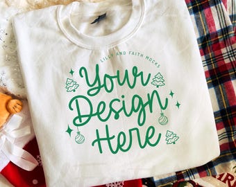 White Sweatshirt Gildan 18000 Mockup Flat lay | Cozy Christmas Sweatshirt Mockup | Winter Holiday Sweater Mockup | Cozy Gildan Flat Lay