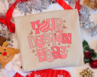 Christmas Sand Sweatshirt Gildan 18000 Mockup Flatlay, Preppy Sweater Mockup, Folded Sand Sweatshirt Flatlay Winter Sweater Mockup for POD