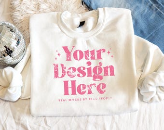 Gildan 18000 White Sweatshirt Mockup Flatlay Boho White Sweatshirt Flatlay Mockup, Preppy Sweater Mockup, Cozy Sweater Mockup