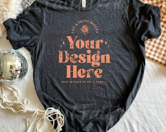 Bella Canvas 3001 Dark Grey Heather Tshirt Mockup, Dark Gray Heather T-Shirt Flatlay BC 3001 Mockup, Preppy Gray Fall Shirt Mockup