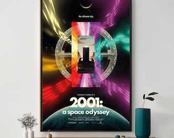 May include: A retro-style poster for the film "2001: A Space Odyssey" by Stanley Kubrick. The poster features a colorful, abstract design with a black monolith in the center. The title "2001: A Space Odyssey" is written in bold, white letters.