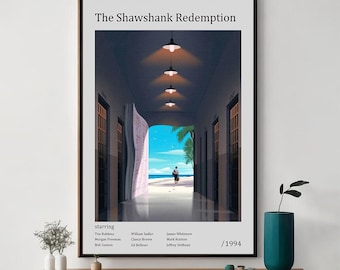May include: Framed poster of "The Shawshank Redemption" movie. The artwork depicts a prison hallway leading to a beach scene. The poster includes the movie title, cast, and the year 1994. The poster is displayed on a wooden cabinet.