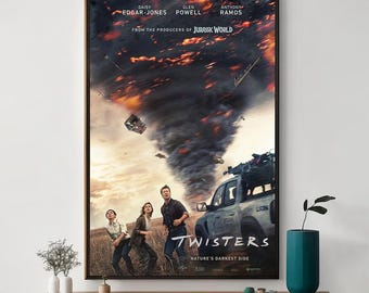 May include: A framed movie poster for "Twisters" featuring a dramatic scene of a tornado with a truck and people running. The poster includes the names Daisy Edgar-Jones, Glen Powell, and Anthony Ramos. The tagline reads "Nature's Darkest Side."