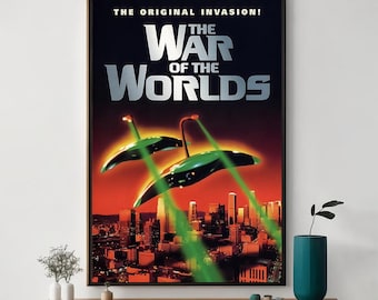 May include: A vintage movie poster for the film "The War of the Worlds". The poster features a black background with white text and a red cityscape with green alien spaceships flying over it.