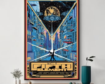 Puede incluir: Un póster colorido con una escena de ciudad futurista y las palabras "El Quinto Elemento" en un cuadro amarillo. El póster presenta una pareja en el centro de la imagen, con una luz brillante brillando detrás de ellos.