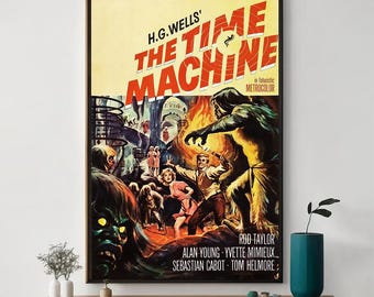 Puede incluir: Un póster de película vintage para la película "La Máquina del Tiempo" con una criatura grande y amenazante sobre un fondo rojo. El póster incluye el título de la película, el nombre del director y los nombres de los actores.