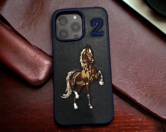 Santa Barbara Polo Leather brown horse case for iPhone 15 Pro and iPhone 15 Pro Max. Stitched embroidery on leather case.