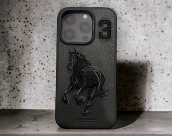 Santa Barbara Polo Leather Black horse case for iPhone 15 and iPhone 15 Pro. Stitched embroidery on leather case.