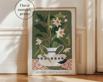 December Flower Art Print | Holly & Narcissus | Meaningful Gift | Birth Month Gift | Anniversary Gift