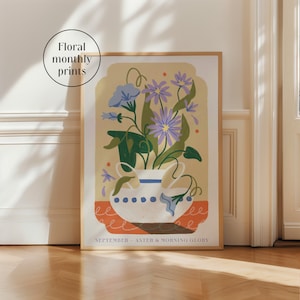 Impresión de arte floral de septiembre / Aster & Morning Glory / Regalo significativo / Mes de nacimiento / Regalo de aniversario