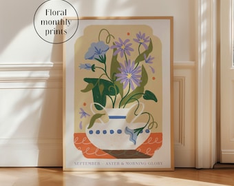 September Kunstdruck | Aster & Morning Glory | Bedeutungsvolles Geschenk | Geburtsmonat | Jubiläumsgeschenk