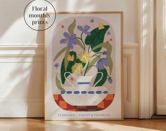 Lámina artística de flores de febrero / Violeta y prímula / Regalo significativo / Regalo de cumpleaños / Regalo de aniversario