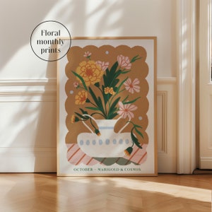 October Flower Art Print | Marigold & Cosmos | Meaningful Gift | Birth Month Gift | Anniversary Gift