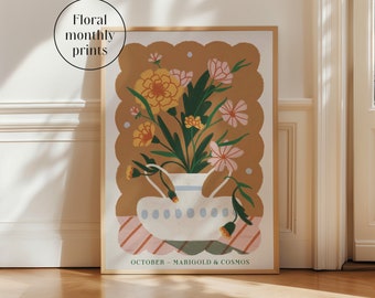 October Flower Art Print | Marigold & Cosmos | Meaningful Gift | Birth Month Gift | Anniversary Gift