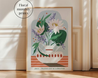 Bloemenkunstprint juli | Waterlelie en ridderspoor | Zinvol cadeau | Geboortemaandcadeau | Jubileumcadeau