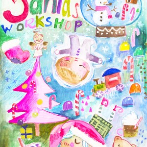 May include: A watercolor painting of Santa's workshop with a pink Christmas tree, a sleeping child wearing a Santa hat, a snowman in a snow globe, and a teddy bear.