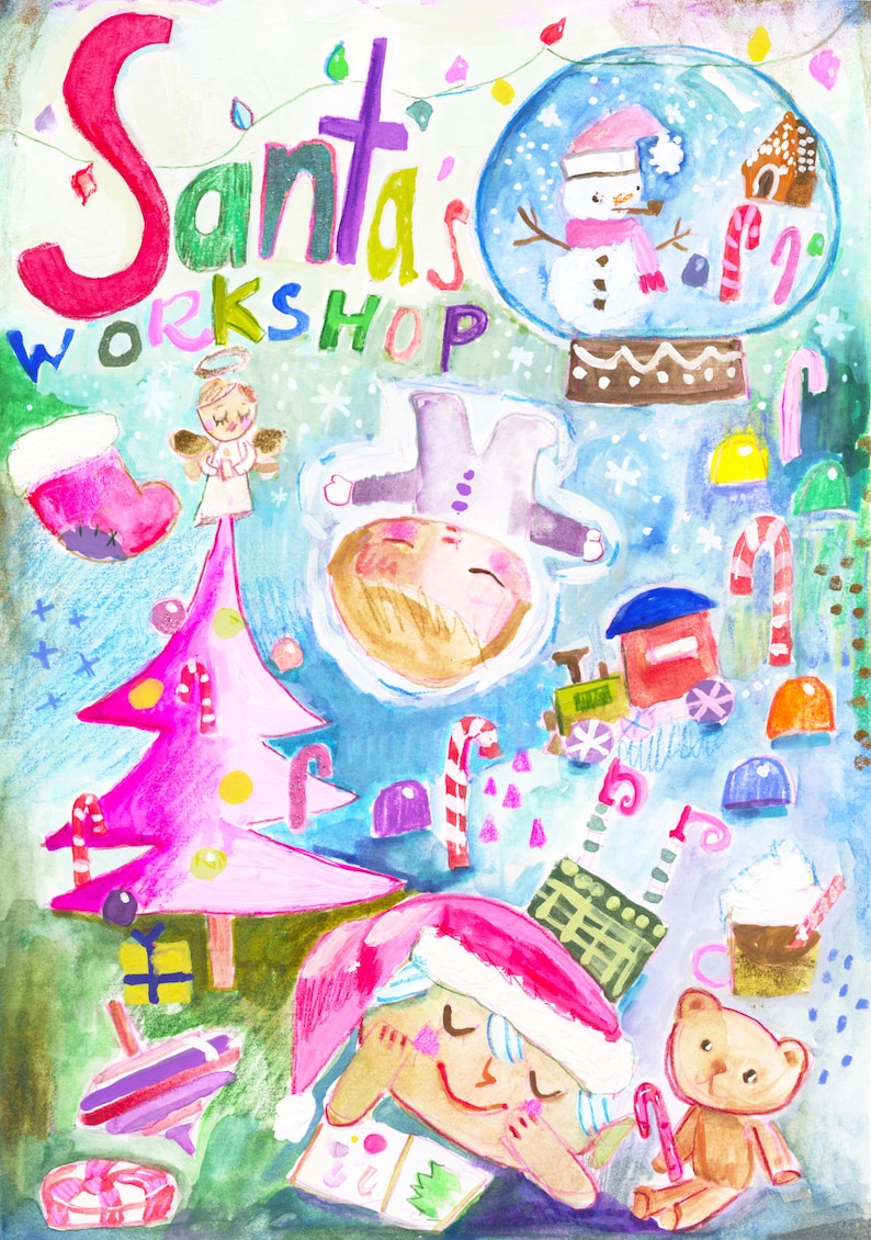 May include: A watercolor painting of Santa's workshop with a pink Christmas tree, a sleeping child wearing a Santa hat, a snowman in a snow globe, and a teddy bear.