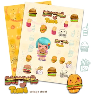 Könnte beinhalten: Ein Collage-Blatt mit gelbem Hintergrund und verschiedenen Comic-Bildern von Burgern, Pommes und Getränken. Der Text "Burger Time" ist in einer verspielten Schriftart oben auf dem Blatt geschrieben.