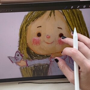 May include: A digital illustration of a girl with long brown hair, wearing a blue shirt and holding a small bird. The illustration is being drawn on a digital tablet using a stylus.