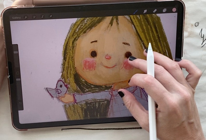 May include: A digital illustration of a girl with long brown hair, wearing a blue shirt and holding a small bird. The illustration is being drawn on a digital tablet using a stylus.