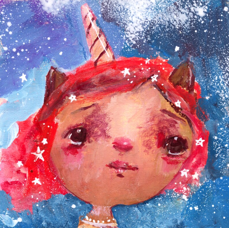 May include: A painting of a unicorn with a red mane and a brown horn. The unicorn has a sad expression and is surrounded by white stars on a blue background.