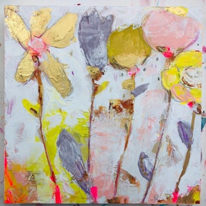 May include: Abstract painting of flowers in shades of gold, pink, purple, and yellow on a white background.