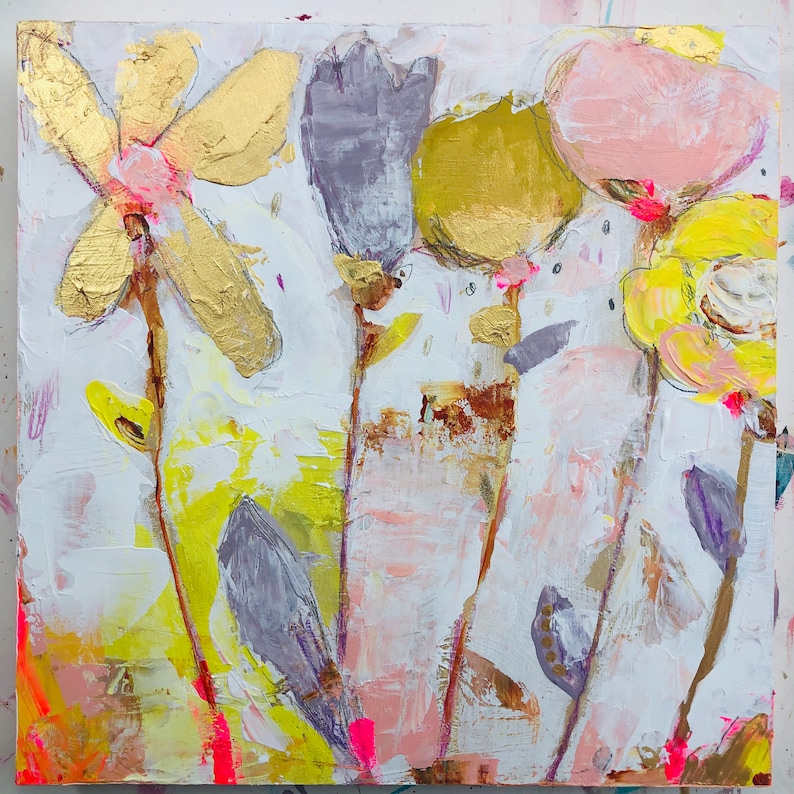 May include: Abstract painting of flowers in shades of gold, pink, purple, and yellow on a white background.