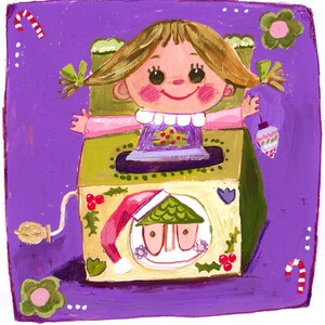 May include: A purple background with a hand-painted illustration of a girl popping out of a toy box. The toy box is decorated with holly and a Santa hat. The girl has blonde hair, rosy cheeks, and is wearing a purple dress with a white collar.