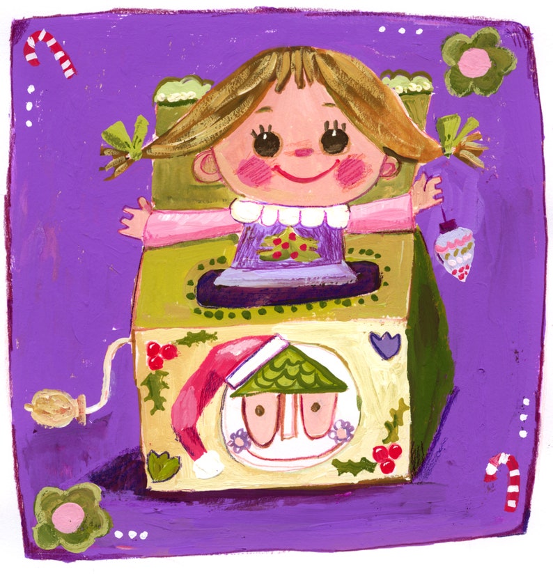 May include: A purple background with a hand-painted illustration of a girl popping out of a toy box. The toy box is decorated with holly and a Santa hat. The girl has blonde hair, rosy cheeks, and is wearing a purple dress with a white collar.