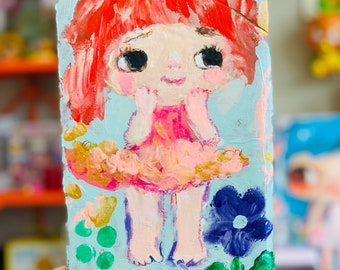 pink big eyed girl - original 5.5x10&quot; painting